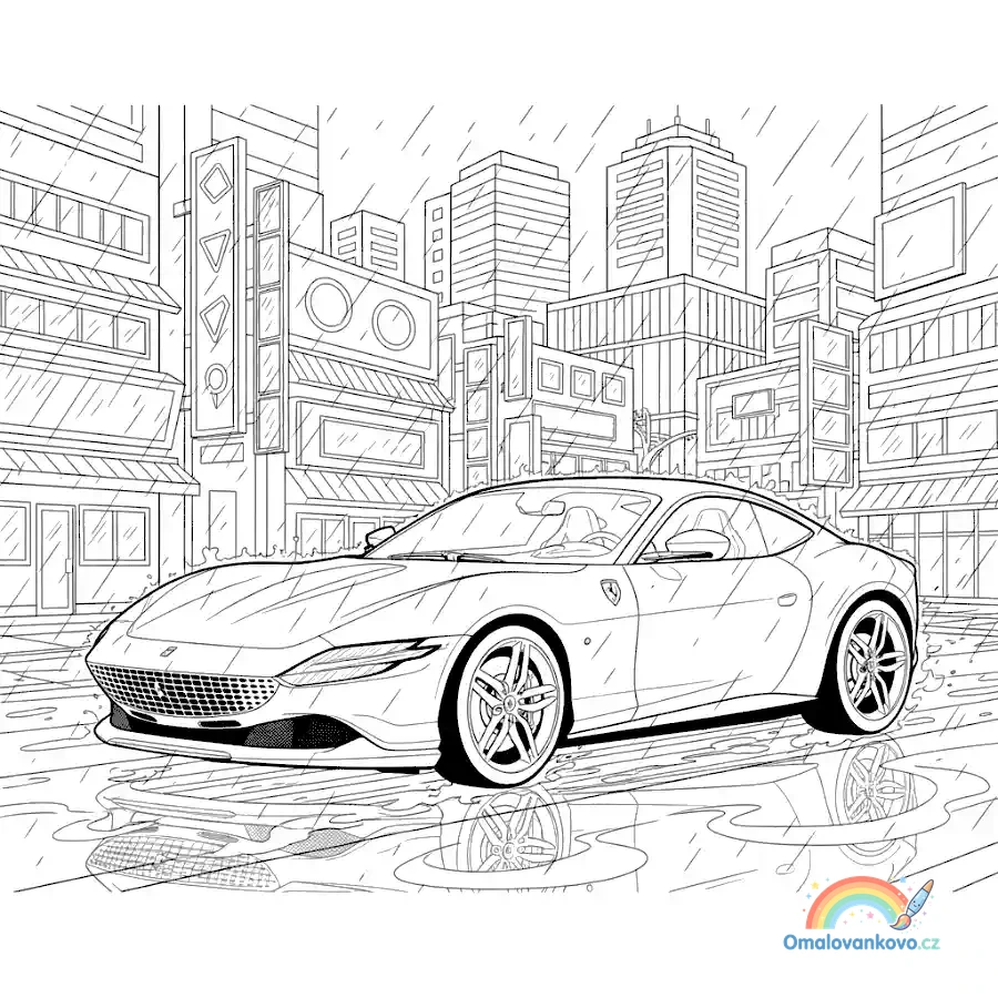 Omalovánka Ferrari v neonovém Tokiu k vytisknutí na A4