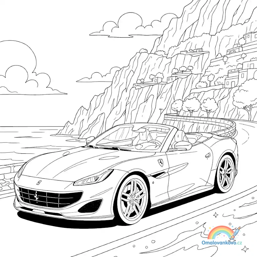 Omalovánka Ferrari na pobřeží Amalfi k vytisknutí na A4