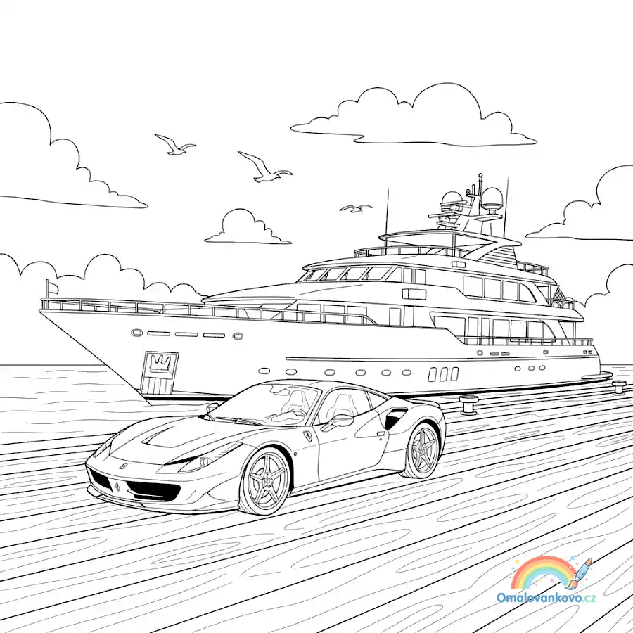Omalovánka Ferrari a luxusní jachta k vytisknutí na A4