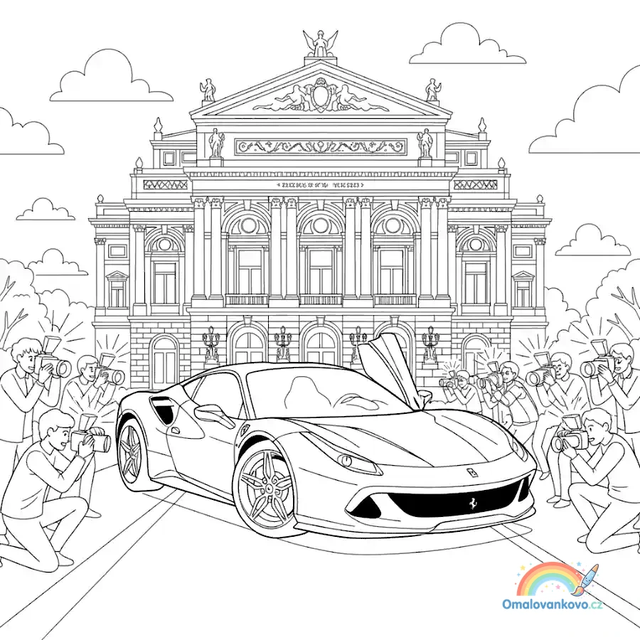 Omalovánka Ferrari na červeném koberci k vytisknutí na A4