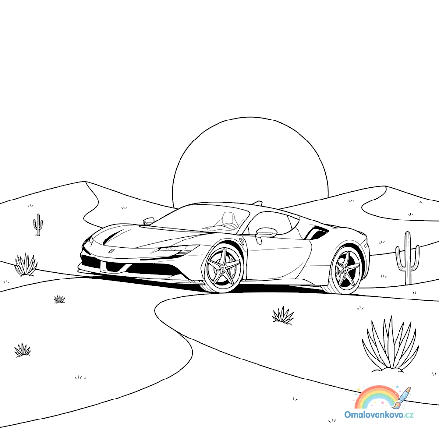 Omalovánka Ferrari na poušti k vytisknutí na A4