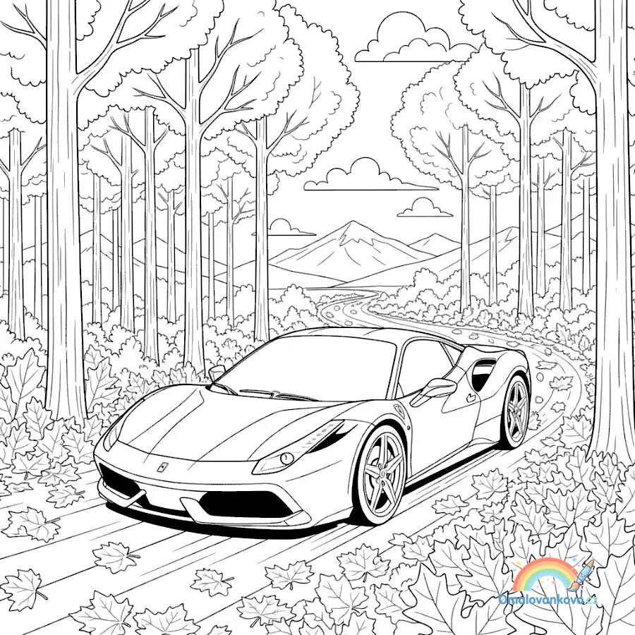 Omalovánka Ferrari v podzimním lese k vytisknutí na A4