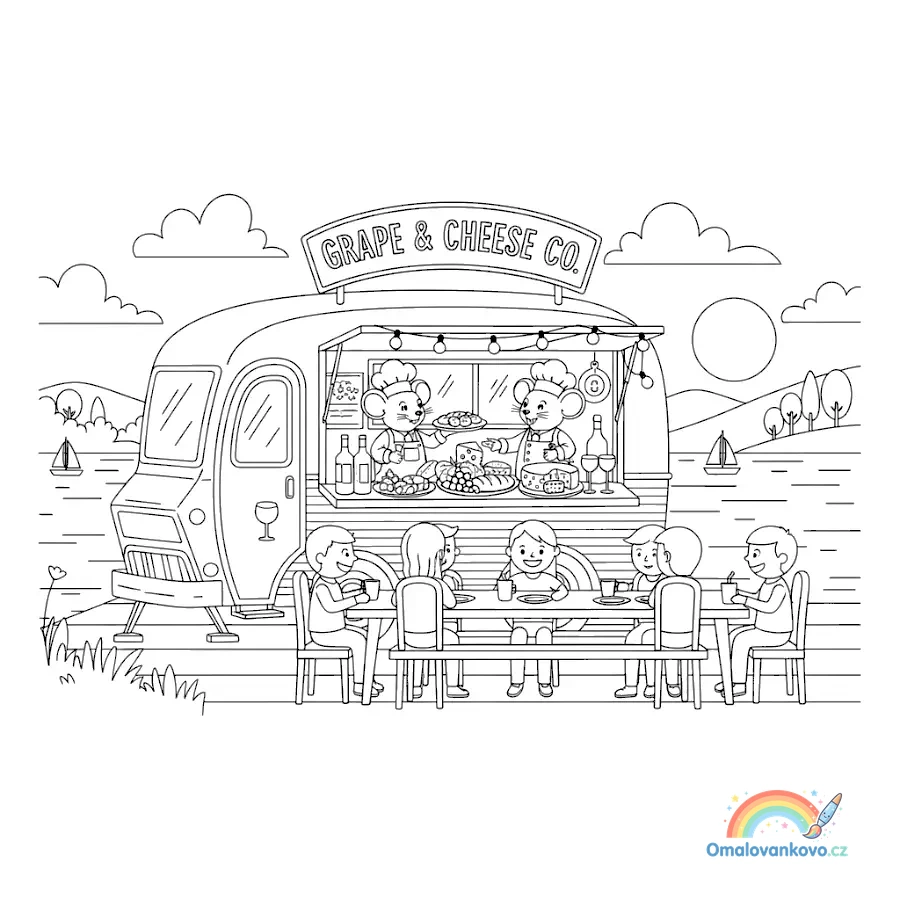 Klidu plný food truck u klidné hladiny jezera