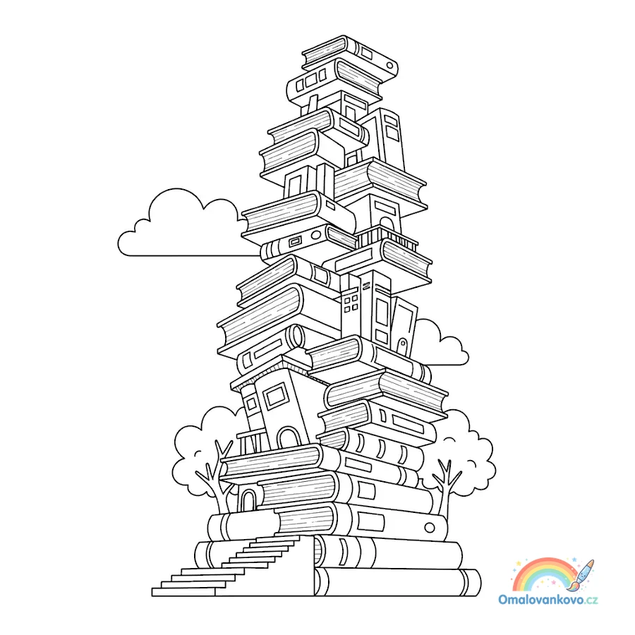 Fantastická budova ve tvaru naskládaných knih a kvádrů