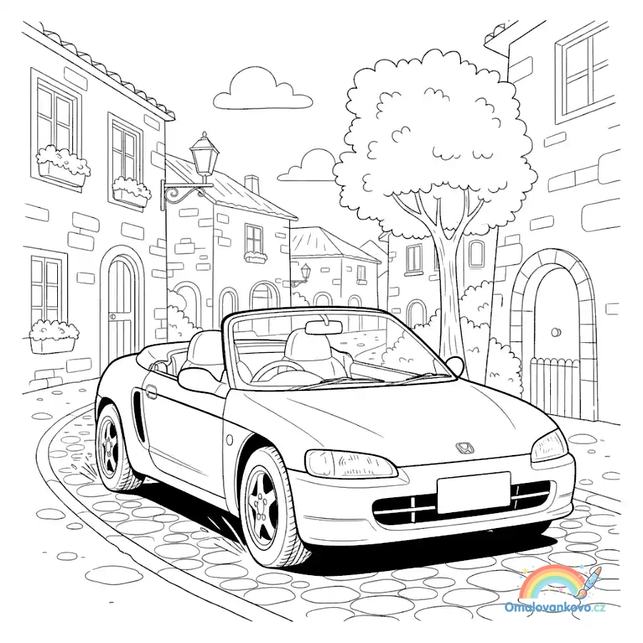 Omalovánka malý kabriolet Honda Beat v úzké uličce