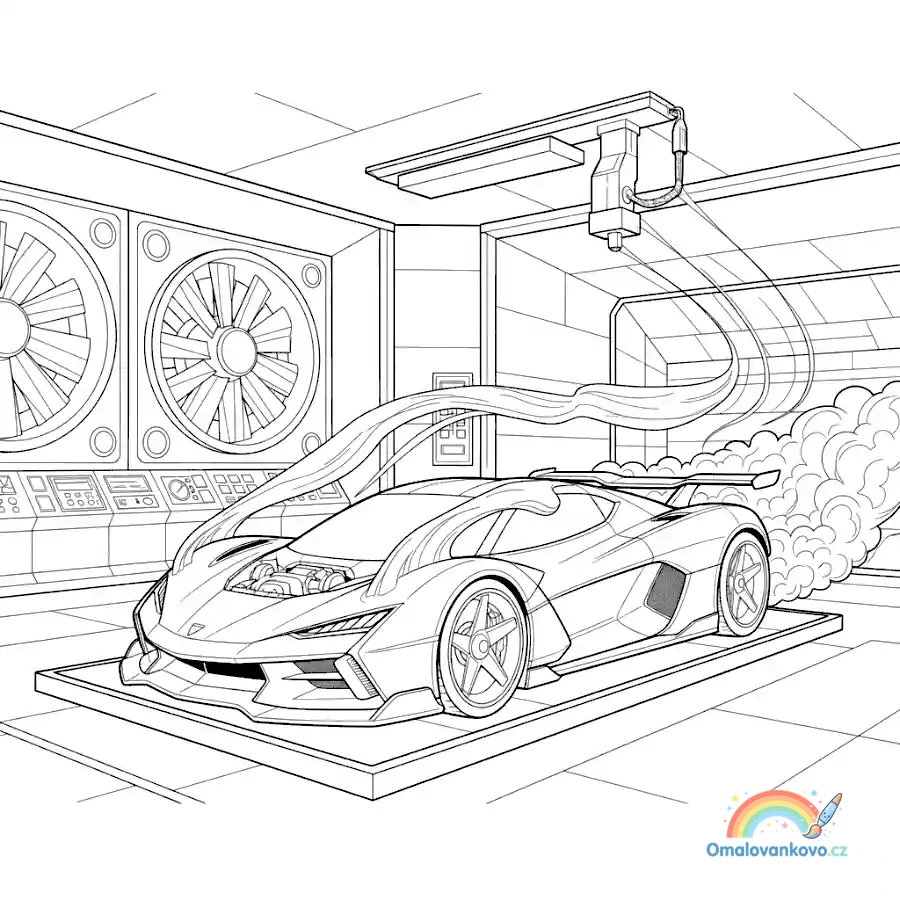 Omalovánka Hyperauto v aerodynamickém tunelu k vytisknutí na A4