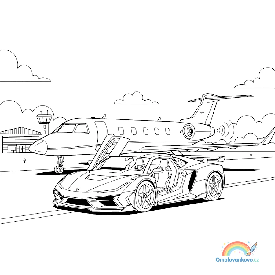 Omalovánka Superauto a tryskáč k vytisknutí na A4