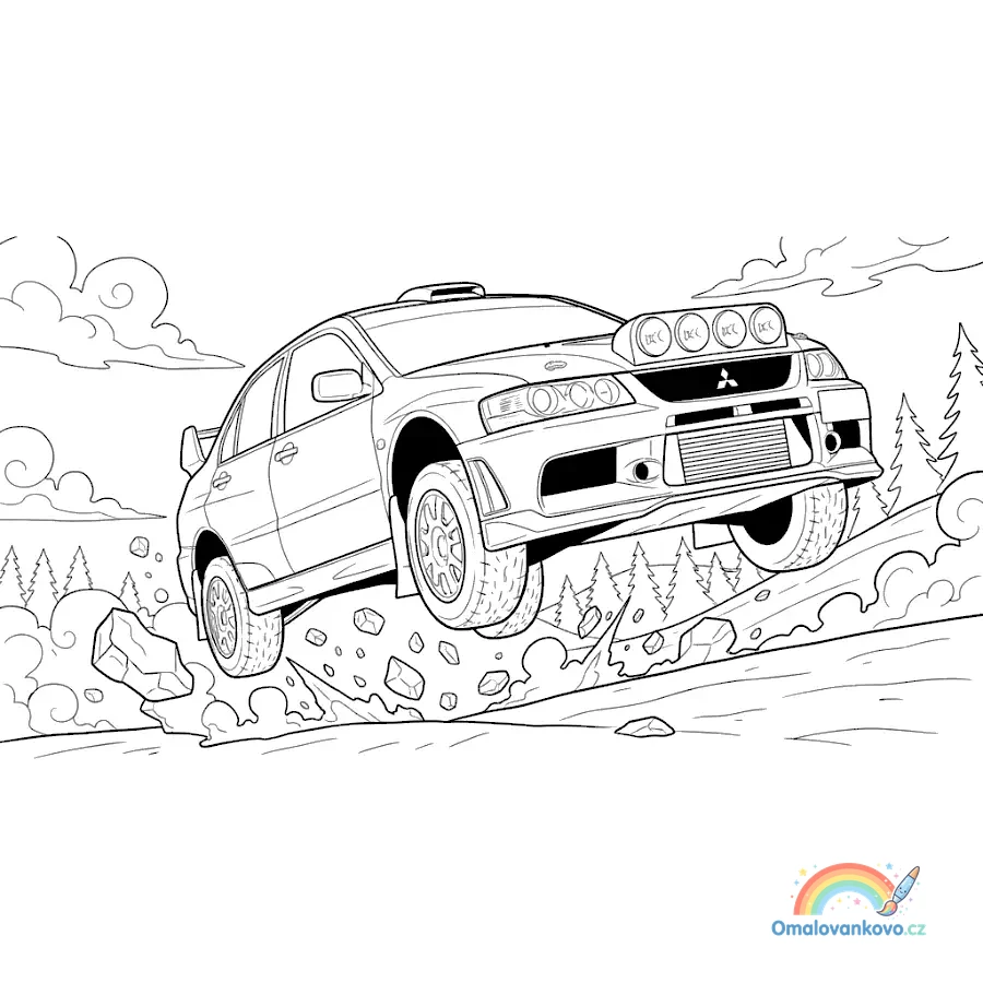 Omalovánka Skok rallye Lancera k vytisknutí na A4