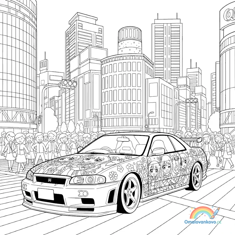 Omalovánka Anime auto v Tokiu k vytisknutí na A4