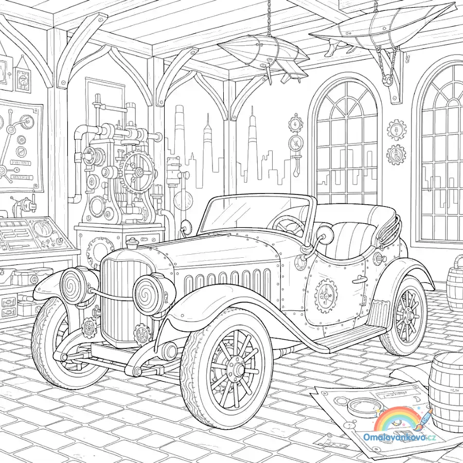 Omalovánka Steampunkový kabriolet k vytisknutí na A4