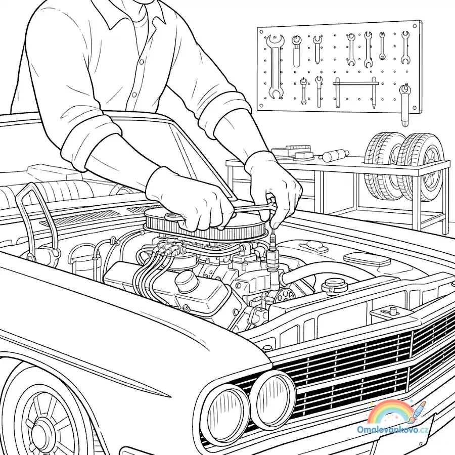 Omalovánka Mechanik opravuje motor k vytisknutí na A4