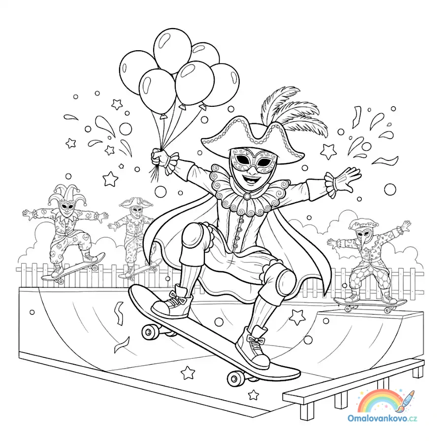 Omalovánka Karneval jezdí na skateboardu k vytisknutí na A4