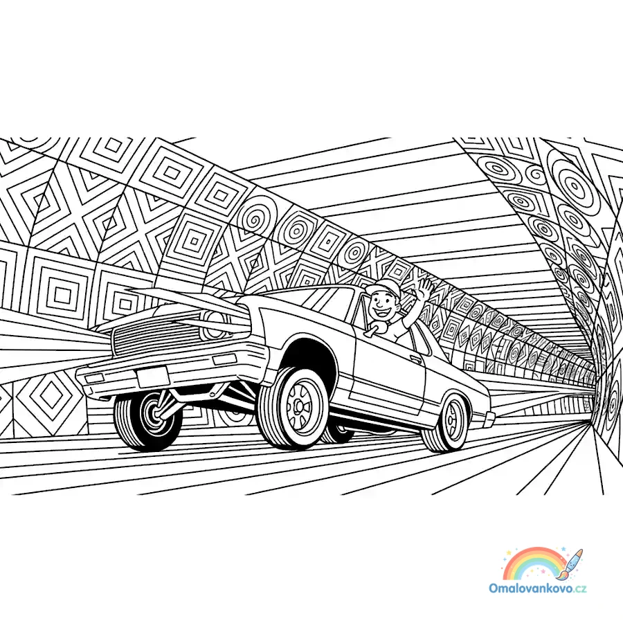 Omalovánka Lowrider v tunelu světel k vytisknutí na A4