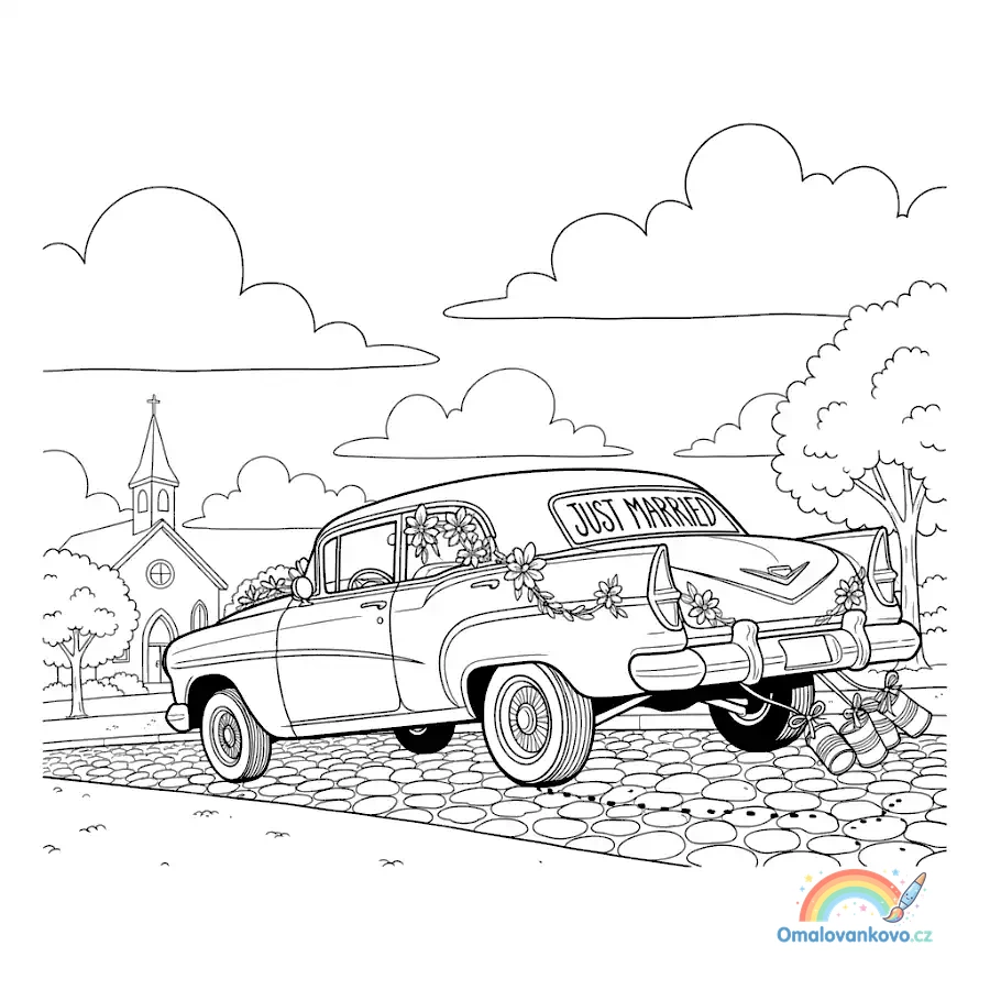 Omalovánka Svatební lowrider s plechovkami k vytisknutí na A4