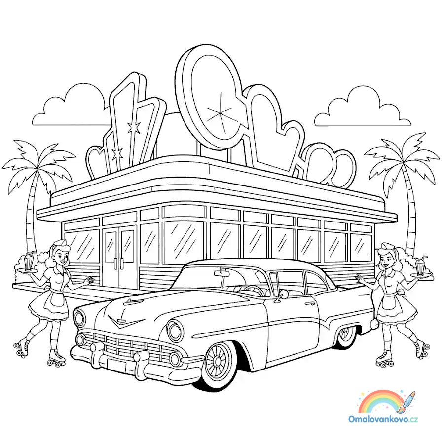 Omalovánka Lowrider u retro baru k vytisknutí na A4