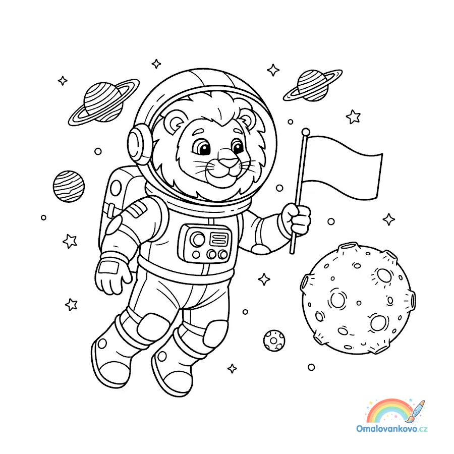 Omalovánka Lev astronaut objevuje Měsíc k vytisknutí na A4