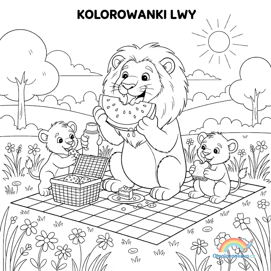 Omalovánka Piknik lvů s melounem k vytisknutí na A4