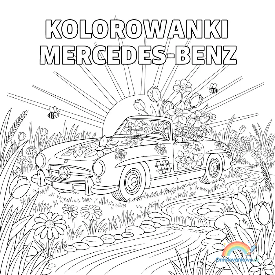 Omalovánka Mercedes v jarní krajině k vytisknutí na A4