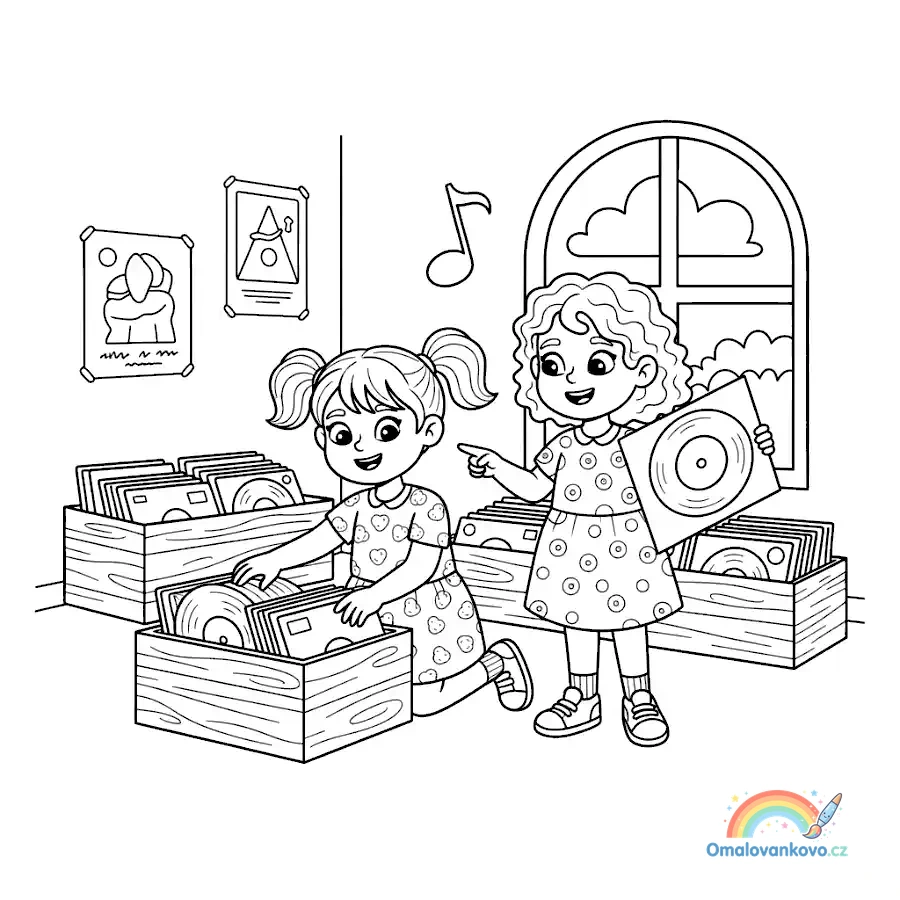 Omalovánka Dívky ve vinylovém obchodě k vytisknutí na A4