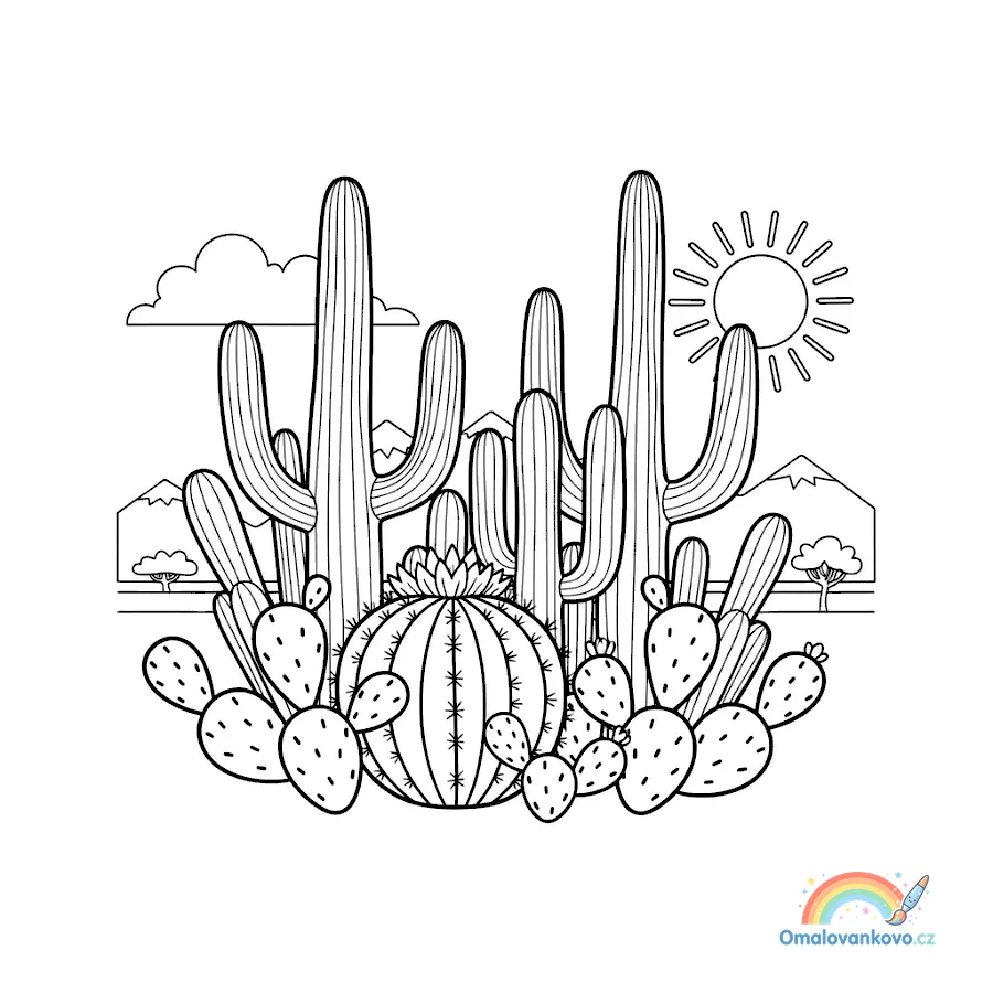 Omalovánka Různé kaktusy a saguaro k vytisknutí na A4