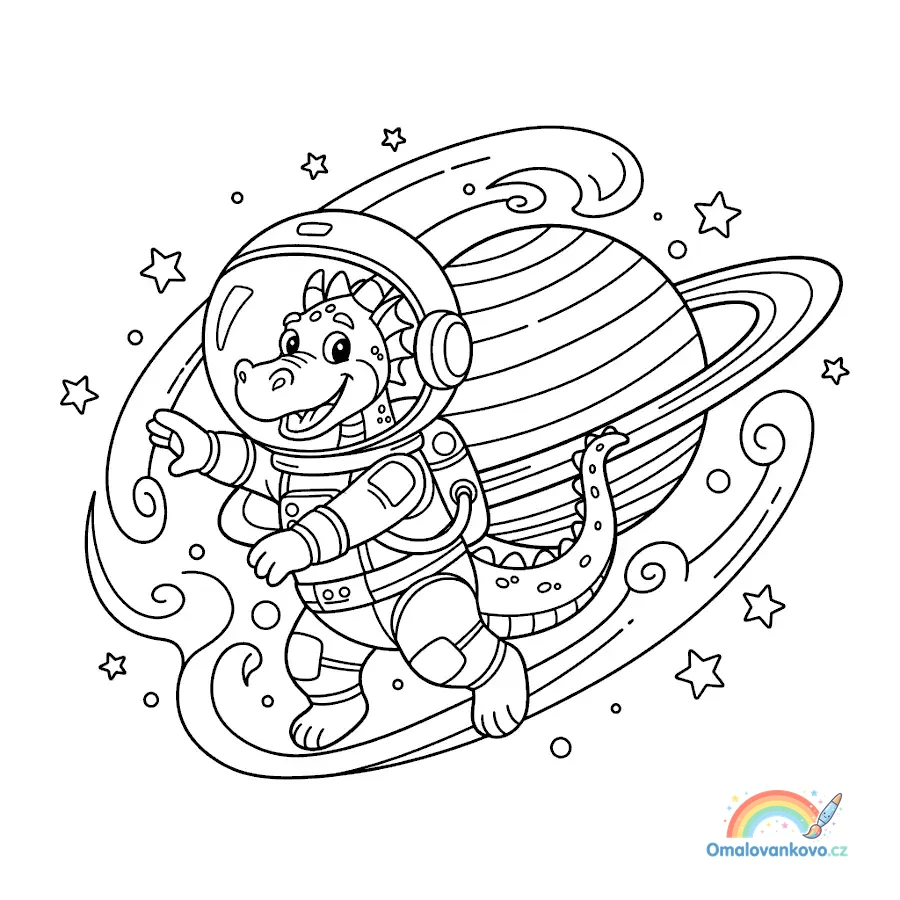 Omalovánka Drak astronaut v kosmu k vytisknutí na A4