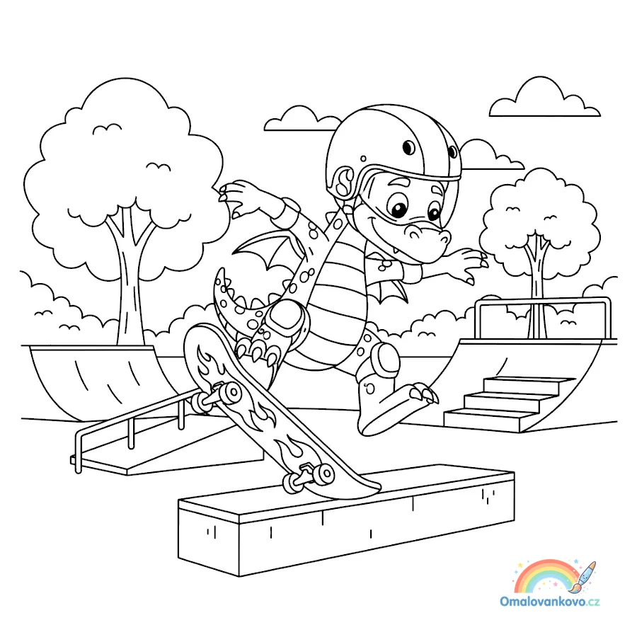Omalovánka Drak na skateboardu k vytisknutí na A4