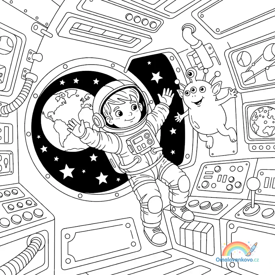Omalovánka astronauta s mimozemšťanem – roztomilé příšerky a strašidýlka k vytisknutí na A4