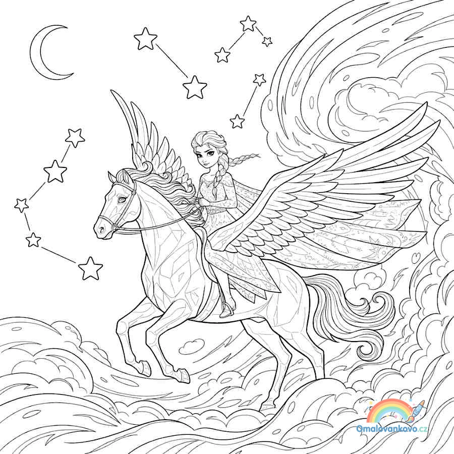 Omalovánka Elsa na ledovém Pegasovi k vytisknutí na A4