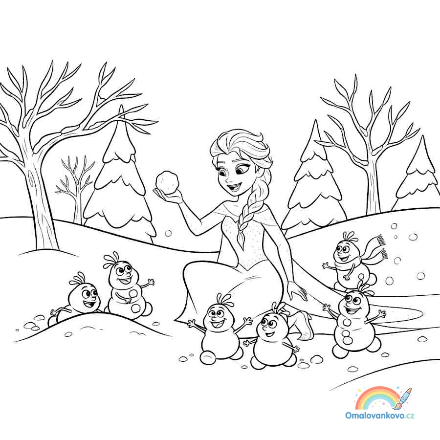 Omalovánka Elsa a Snowgies, sněhová bitva k vytisknutí na A4