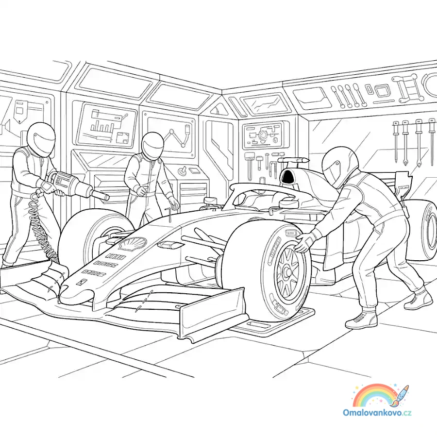 Omalovánka rychlý pit stop Ferrari k vytisknutí na A4