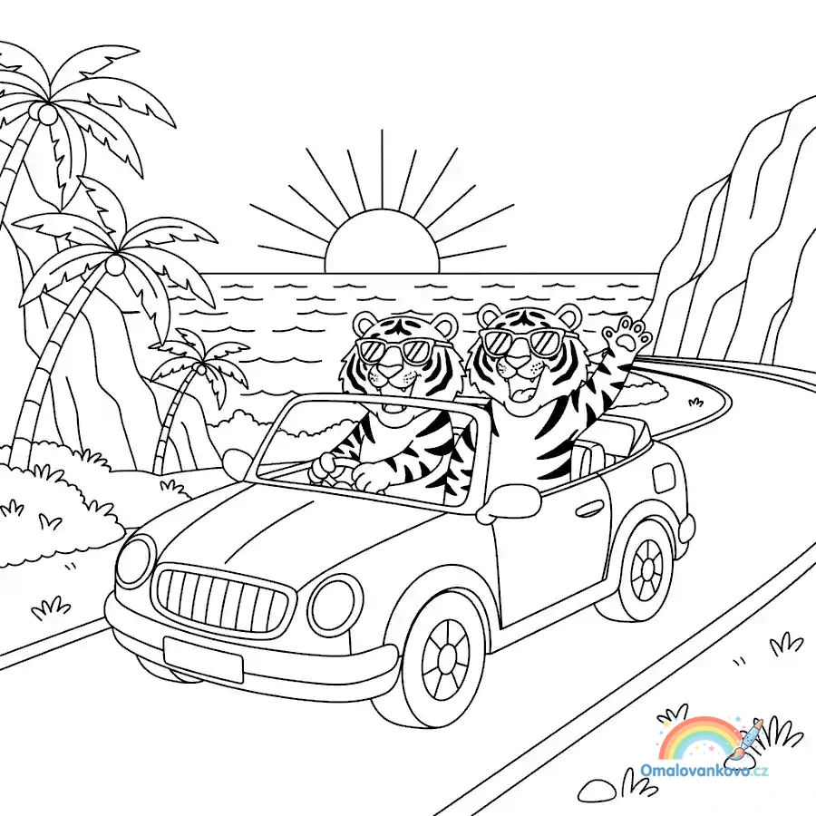 Omalovánka Tygři jedou kabrioletem k vytisknutí na A4