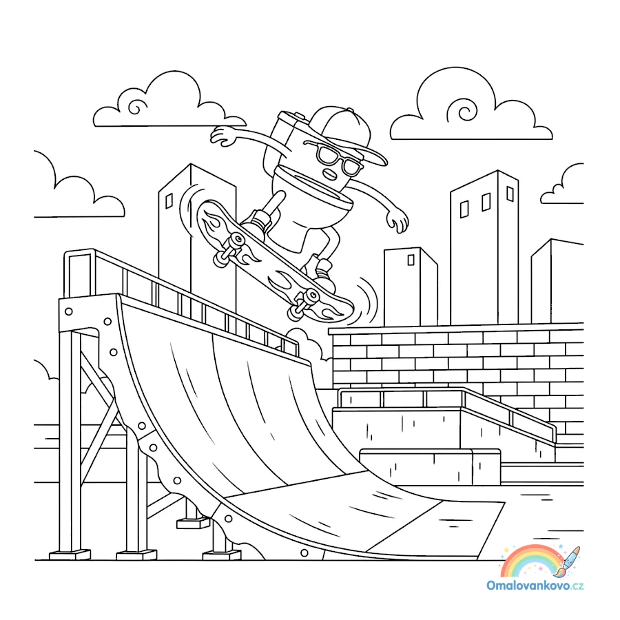 Omalovánka Skibidi Toilet na skateboardu k vytisknutí na A4