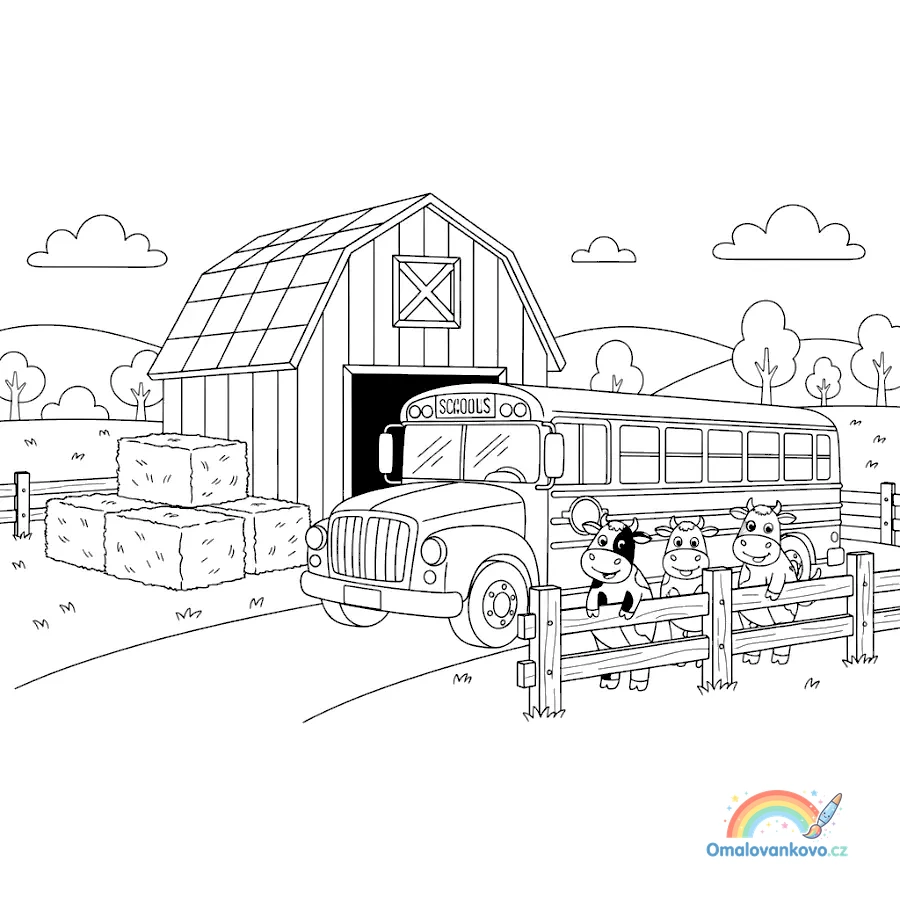 Omalovánka Autobus na farmě k vytisknutí na A4