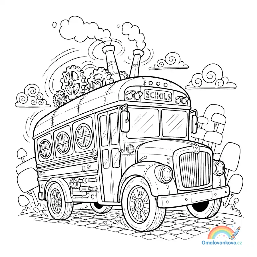 Omalovánka Steampunkový školní autobus k vytisknutí na A4