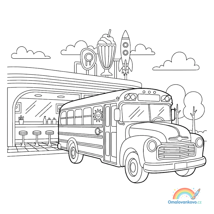 Omalovánka Retro školní autobus k vytisknutí na A4