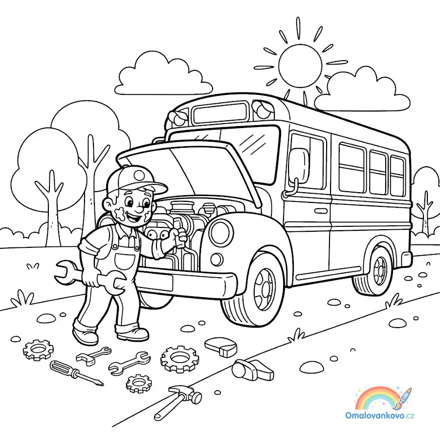 Omalovánka mechanika opravujícího školní autobus k vytisknutí na A4
