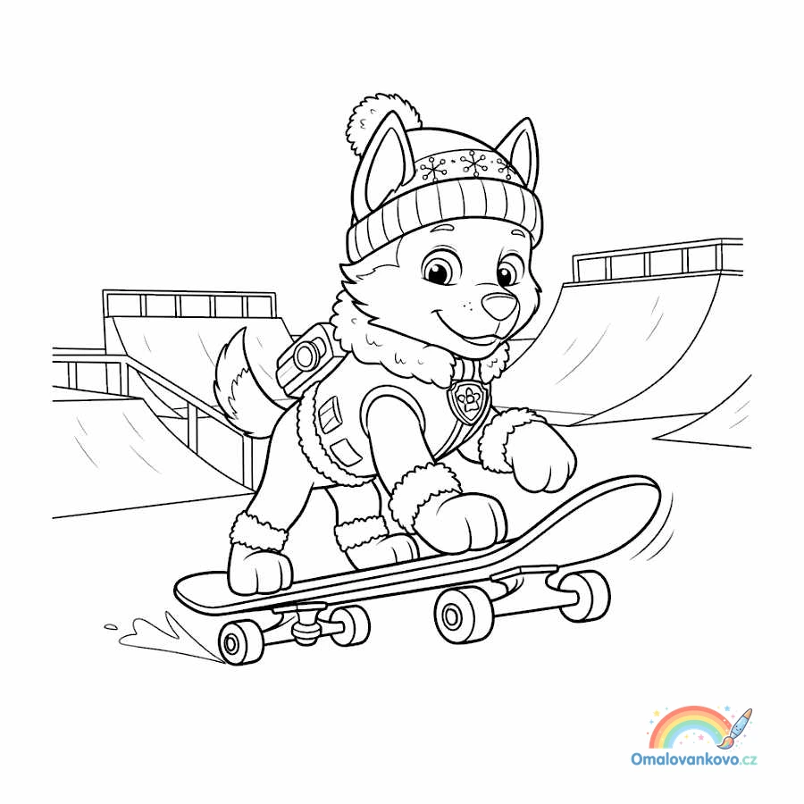 Everest jezdící na skateboardu - omalovánka Tlapková patrola