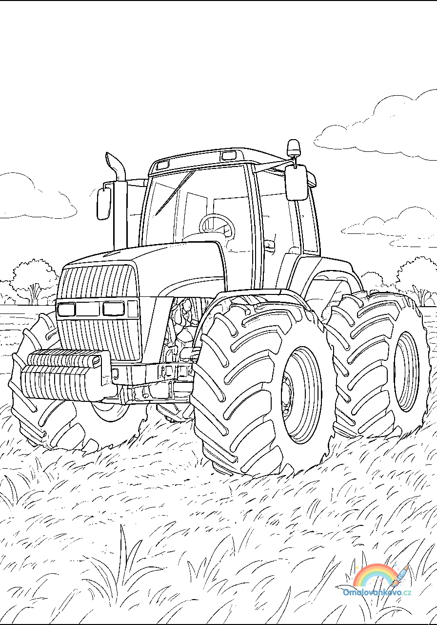 Omalovánka Traktor s pluhem v akci k vytisknutí na A4