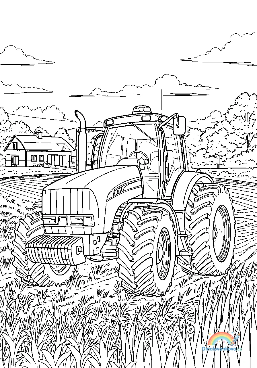 Omalovánka Traktor s přívěsem plným úrody k vytisknutí na A4