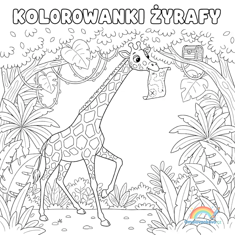 Omalovánka Žirafa hledá poklad k vytisknutí na A4