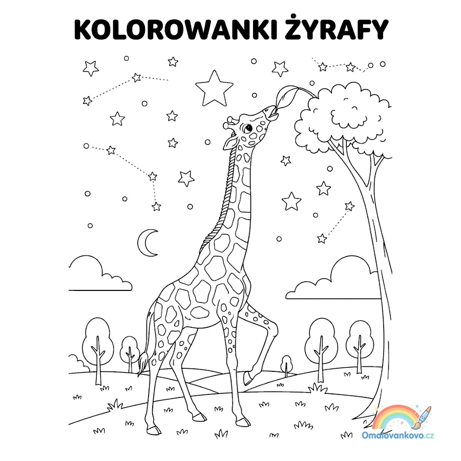 Omalovánka Žirafa dosahuje na hvězdy k vytisknutí na A4