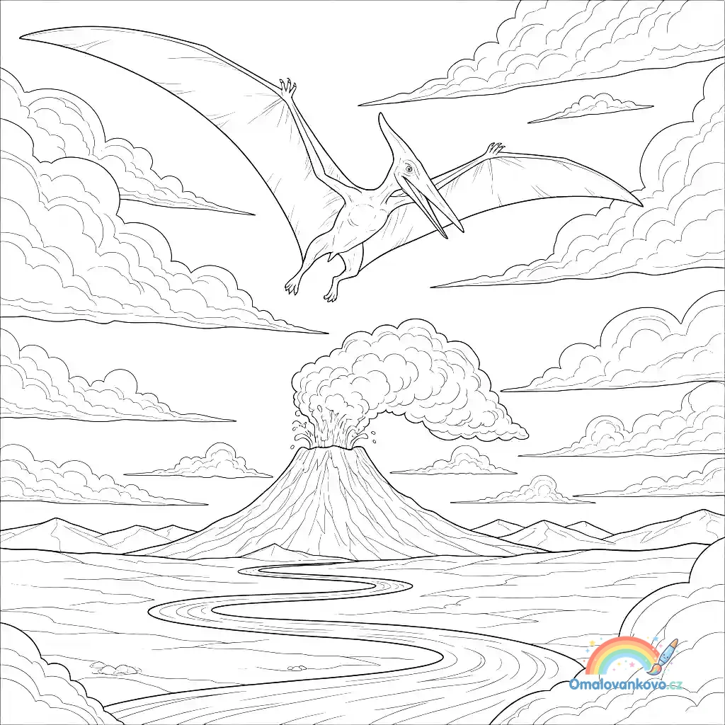 Pterodaktyl letící nad aktivní sopkou