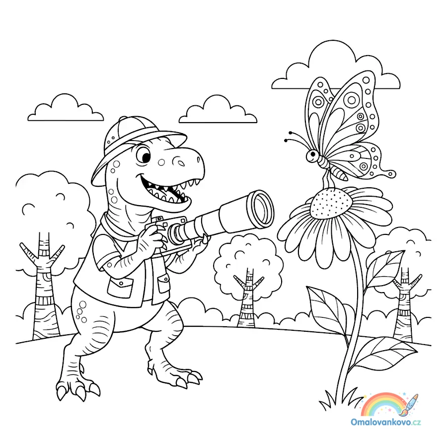 T-Rex s fotoaparátem pozoruje motýla