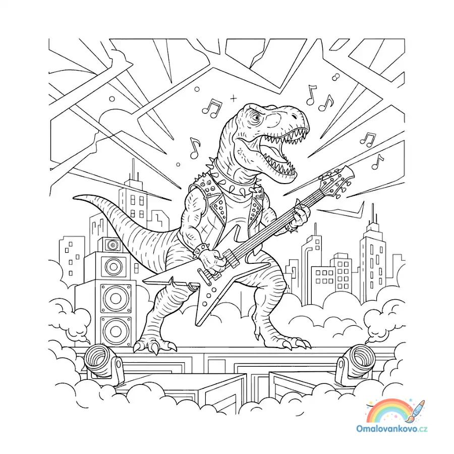 Rockový T-Rex hraje na elektrickou kytaru