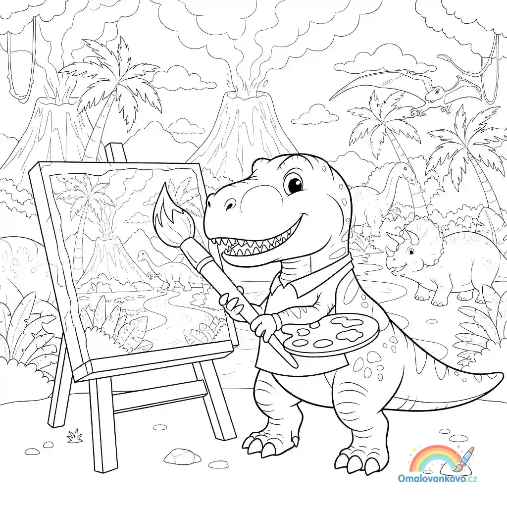 T-Rex maluje obraz na malířský stojan
