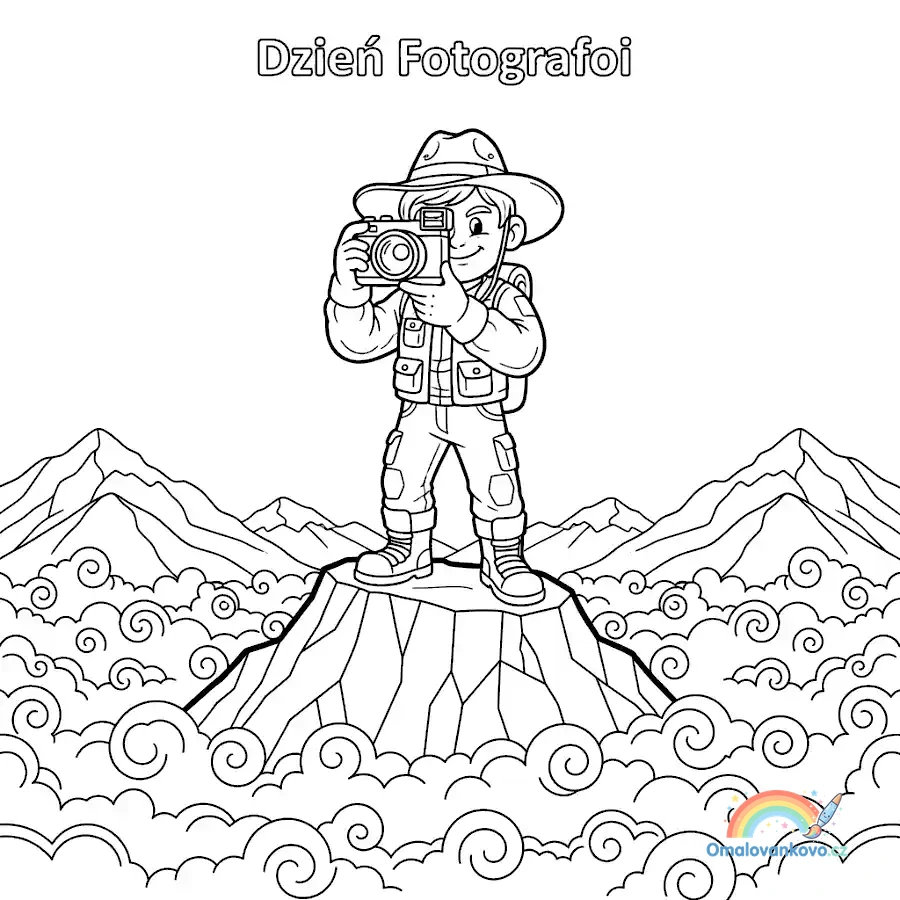 Omalovánka Den fotografie - fotograf na vrcholku hory