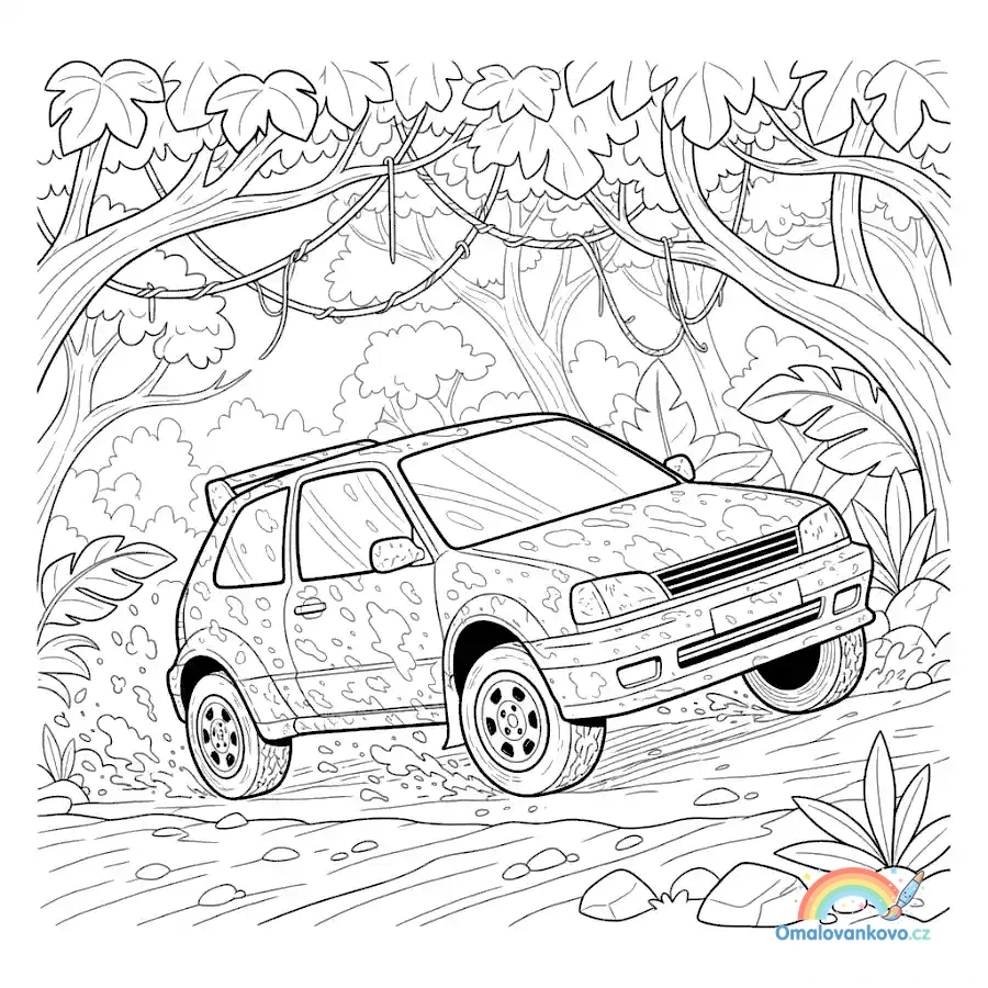 Omalovánka rallye hatchbacku mezi exotickými rostlinami v džungli